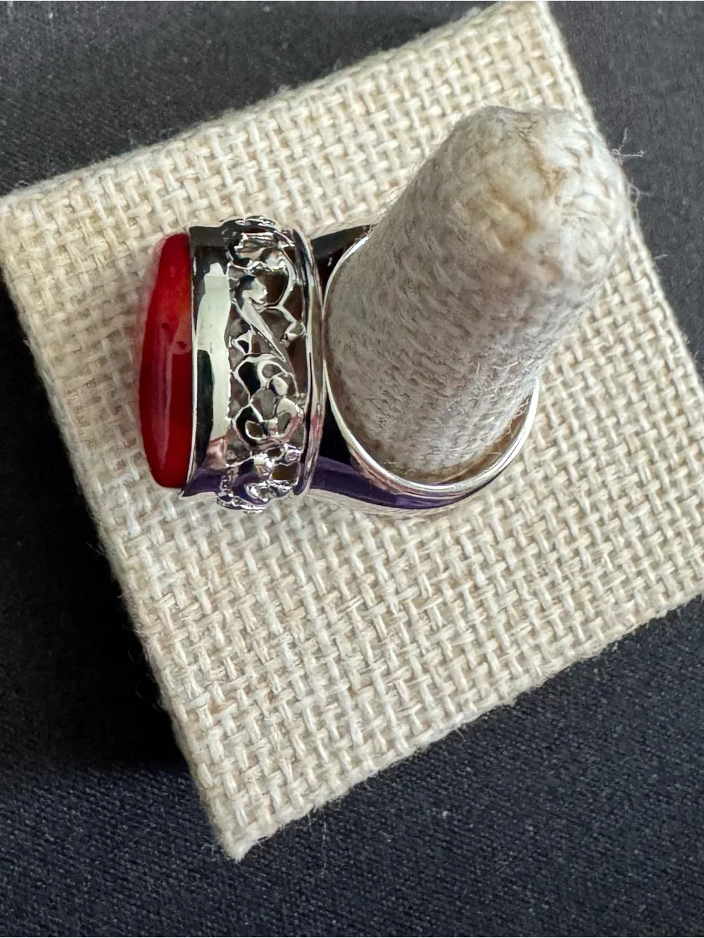 Red Coral Oval Cabochon Stone Ring w/ Sterling Filigree Design Surrounding Stone